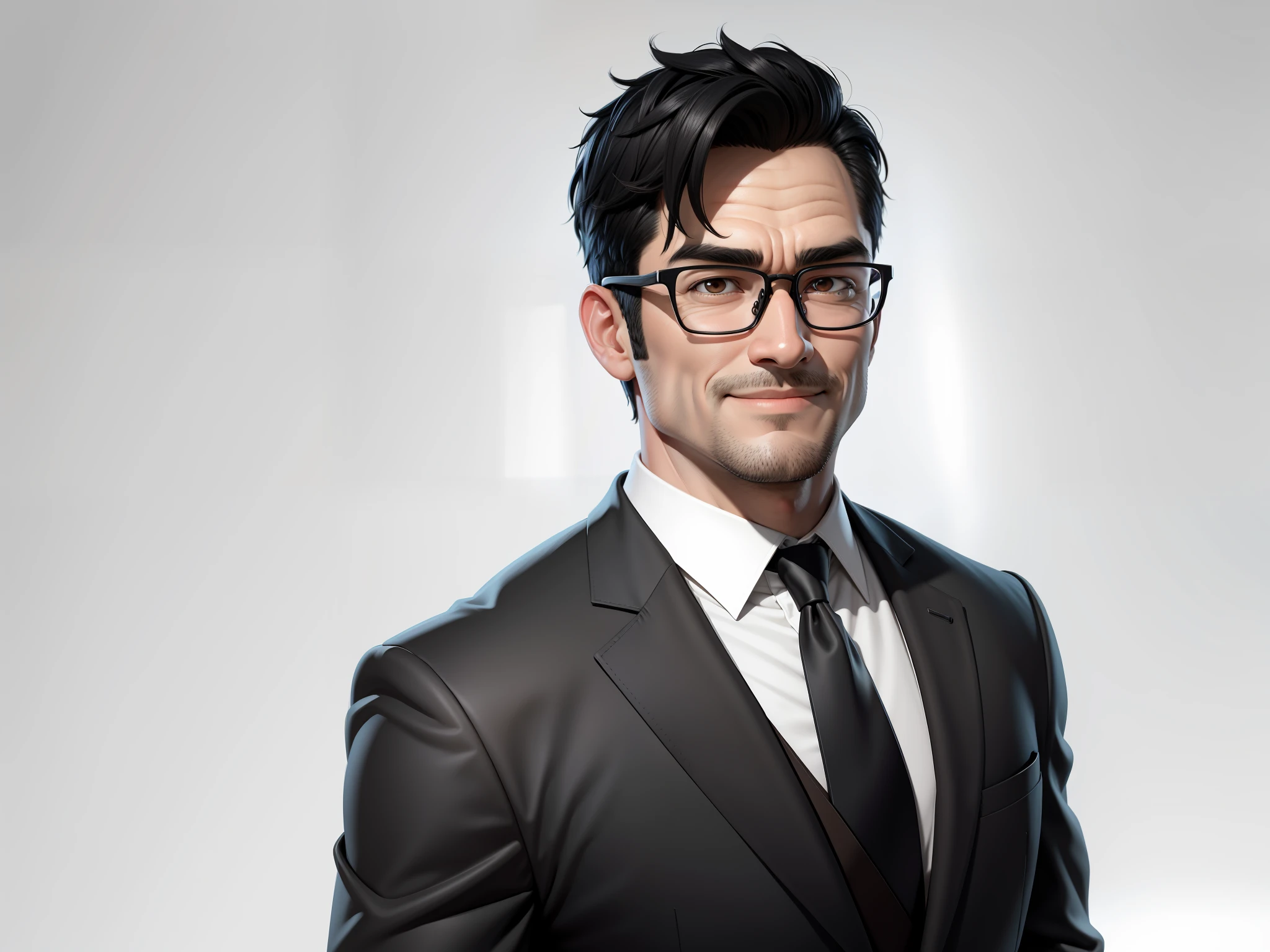 Super young man 35 years old, silver glasses, slightly chubby face, clean face, no beard on chin, black super short hair, black eyes, black suit, blue tie, confident smile, digital painting, film, 3D character design by Mark Clairedon and Pixar and Hayao Miyazaki, the illustration is a high-definition illustration in 4K resolution with very detailed facial features and cartoon-style visuals.