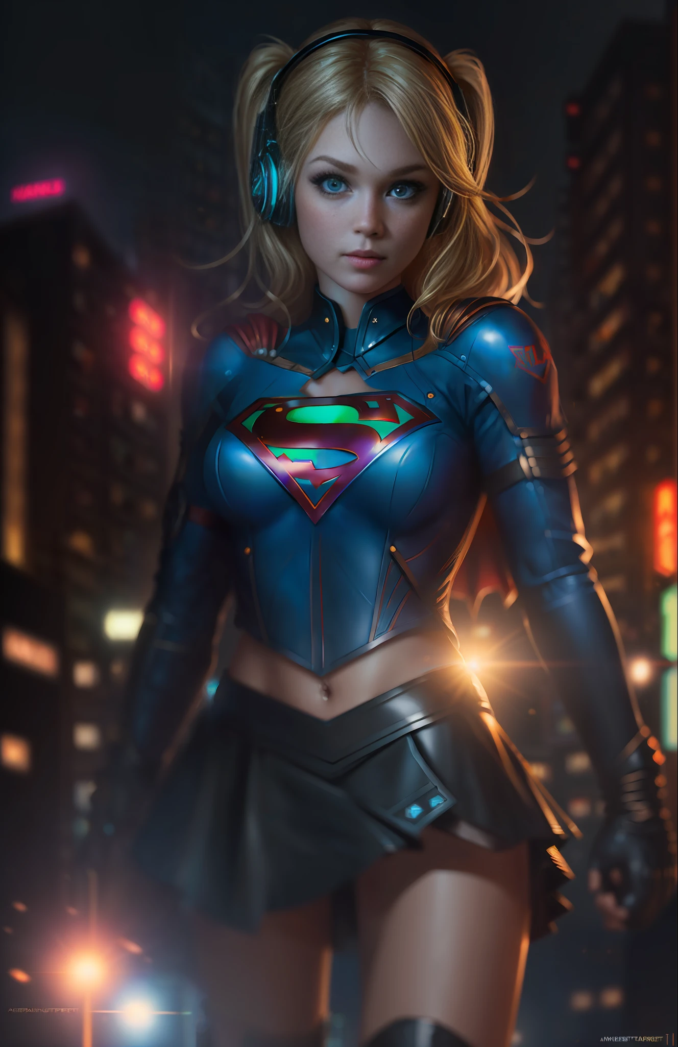 Best quality, realistic, blonde, award-winning Supergirl illustration, (complicated detail: 1.2), (fine detail), (complicated detail), (cinematic lights, best quality backlight), sharp lines, sharp focus, official art, unit 8k wallpaper, absurd, unbelievably absurd, huge file size, ultra- (in_main_street:1.21), (neon lamp), fantasy art, rtx,((triangle closeup photo by award-winning studio)),  1Supergirl, very pretty, (shut up), small breasts, ((Cyberpunk city Street, Battle Maiden)), perfect hands, beautiful detailed blue eyes, Perfect Face, (Cyberpunk blouse, leather jacket, Martin boots) ,,(headphones_around_hair),((pleated skirt) ), ((supermodel pose)),