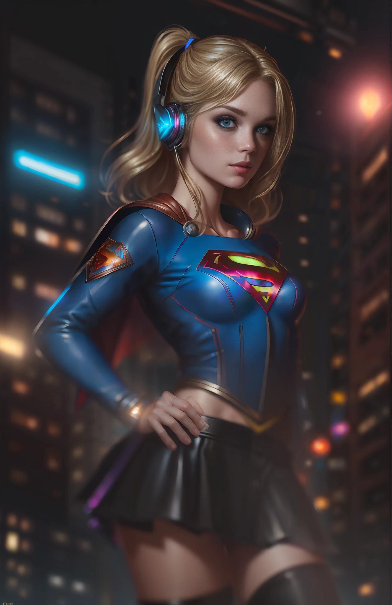 Best quality, realistic, blonde, award-winning Supergirl illustration, (complicated detail: 1.2), (fine detail), (complicated detail), (cinematic lights, best quality backlight), sharp lines, sharp focus, official art, unit 8k wallpaper, absurd, unbelievably absurd, huge file size, ultra- (in_main_street:1.21), (neon lamp), fantasy art, rtx,((triangle closeup photo by award-winning studio)),  1Supergirl, very pretty, (shut up), small breasts, ((Cyberpunk city Street, Battle Maiden)), perfect hands, beautiful detailed blue eyes, Perfect Face, (Cyberpunk blouse, leather jacket, Martin boots) ,,(headphones_around_hair),((pleated skirt) ), ((supermodel pose)),