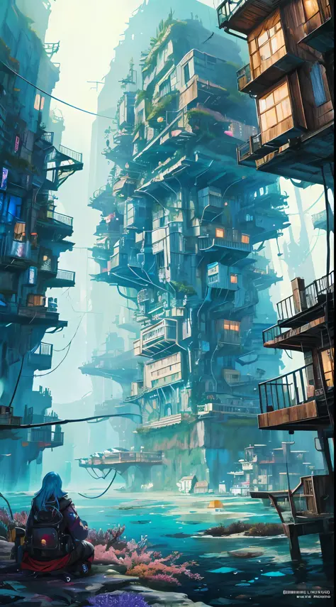 Colors (Fantasy: 1.2), (Miyazaki Hayao Style), (Irregular Buildings Floating Under the Sea), Patchwork Houses, Moss Decoration, Coral, Lights, Concept Art Inspired by Andreas Rocha, Artstation Competition Winner, Fantasy Art, (Cyberpunk Underwater City), R...