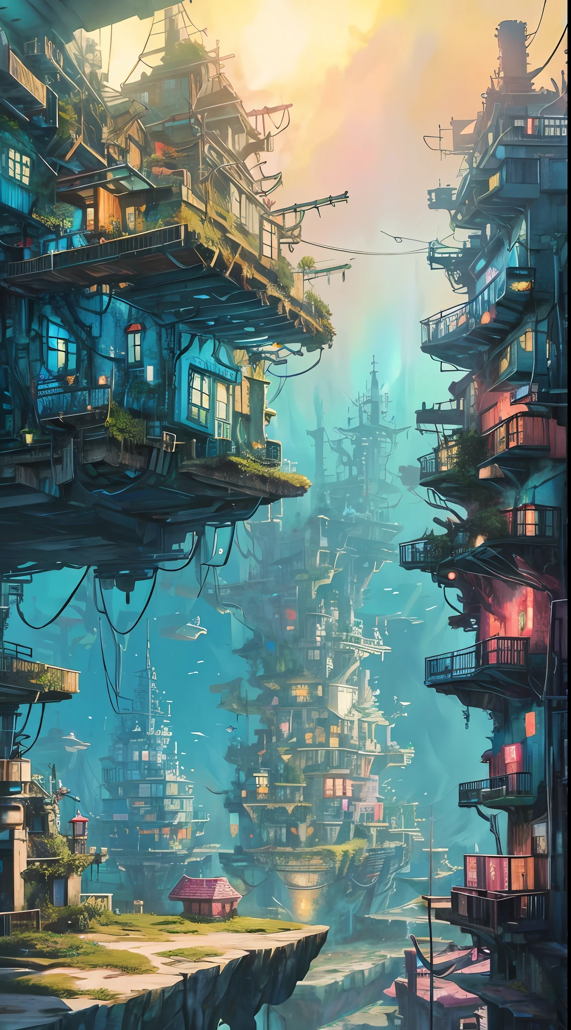 colores (fantasía: 1.2), (Al estilo Miyazaki Hayao), (Edificios irregulares flotando bajo el mar), casas de retazos, decoración de musgo, Coral, luces, arte conceptual inspirado en Andreas Rocha, Ganador del concurso Artstation, fantasía Art, (ciudad submarina cyberpunk), Rostelandia, eje óptico, Iluminación realista, obra maestra, alta calidad, hermosos gráficos, Alto detalle, obra maestra, alta calidad, hermosos gráficos, Alto detalle, 8K, Surrealism --v6