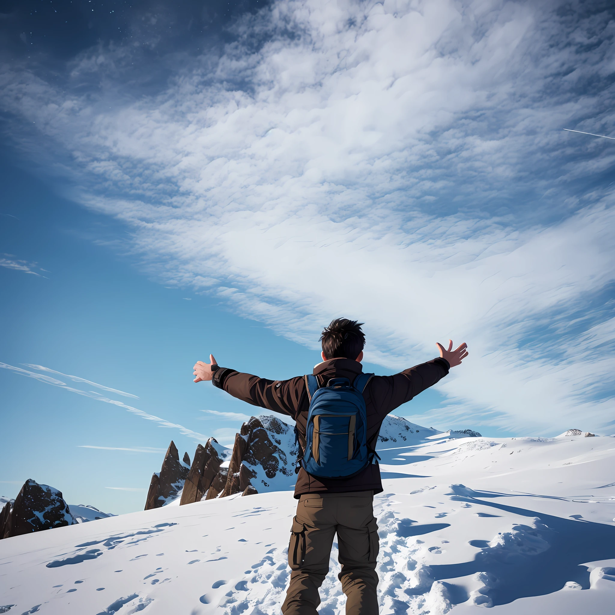 Arafed man standing on a snowy mountain with his arms outstretched ...