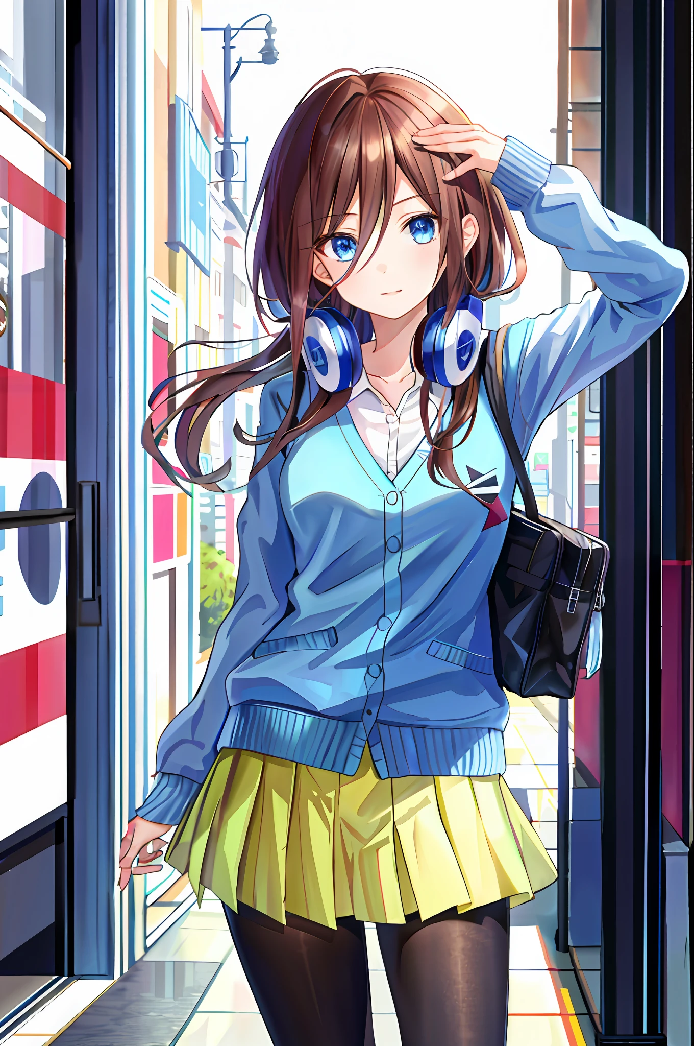 absurdres, best quality, 1girl, solo, eye focus, looking at viewer, Miku, Blue Cardigan, brown hair