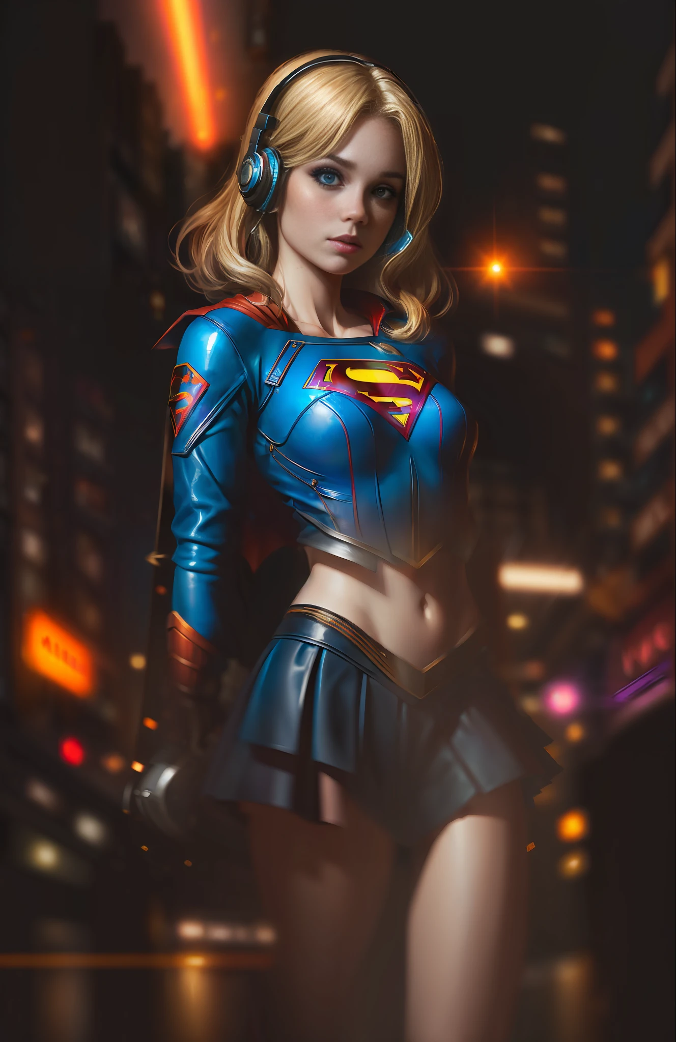 Best quality, realistic, blonde, award-winning Supergirl illustration, (complicated detail: 1.2), (fine detail), (complicated detail), (cinematic lights, best quality backlight), sharp lines, sharp focus, official art, unit 8k wallpaper, absurd, unbelievably absurd, huge file size, ultra- (in_main_street:1.21), (neon lamp), fantasy art, rtx,((triangle closeup photo by award-winning studio)),  1Supergirl, very pretty, (shut up), small breasts, ((Cyberpunk city Street, Battle Maiden)), perfect hands, beautiful detailed blue eyes, Perfect Face, (Cyberpunk blouse, leather jacket, Martin boots) ,,(headphones_around_hair),((pleated skirt) ), ((supermodel pose)),