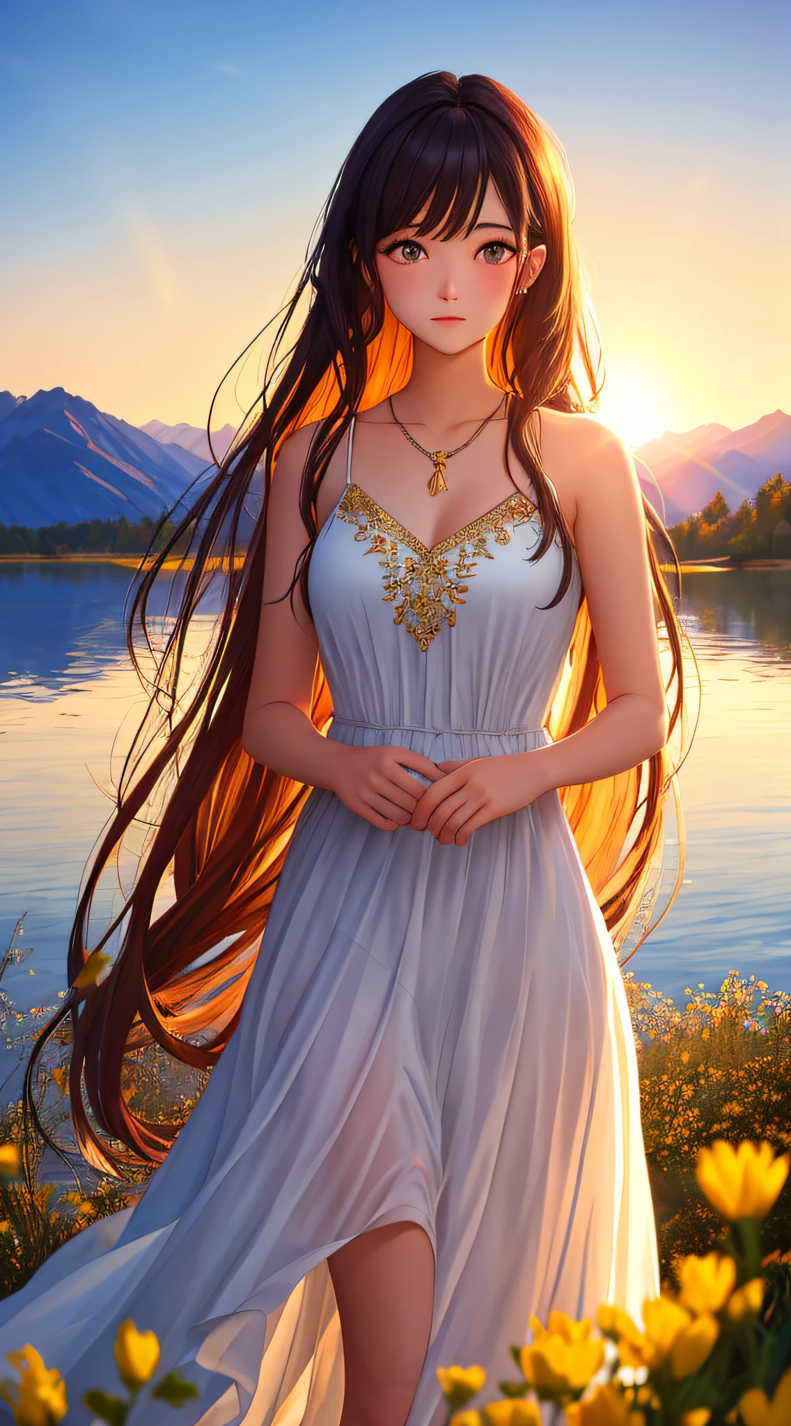 ((masterpiece,best quality,extremely detailed,ultra high res,detailed background)),1 girl,serene expression,mesmerizing eyes,straight long hair,flowing dress,poised posture,porcelain skin,subtle blush,crystal pendant,BREAK 
golden hour,((rim lighting)),warm tones,sun flare,soft shadows,vibrant colors,painterly effect,dreamy atmosphere,BREAK 
scenic lake,distant mountains,willow tree,calm water,reflection,sunlit clouds,peaceful ambiance,idyllic sunset,