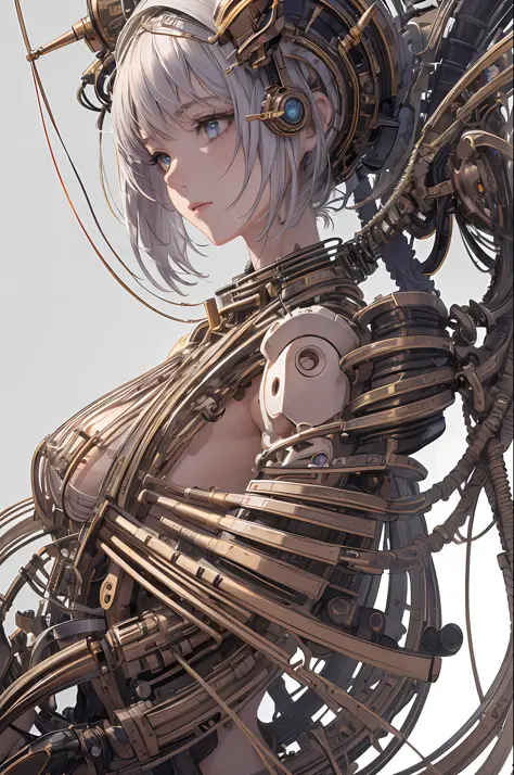 (((masterpiece))), (((best quality))), ((ultra-detailed)), (highly detailed CG illustration), ((an extremely delicate and beautiful)),(from side),cinematic light,((1mechanical girl)),solo,full body,(machine made joints:1.2),((machanical limbs)),(blood vessels connected to tubes),(mechanical vertebra attaching to back),((mechanical cervial attaching to neck)),(sitting),expressionless,(wires and cables attaching to neck:1.2),(wires and cables on head:1.2)(character focus),science fiction,white background, extreme detailed,colorful,highest detailed