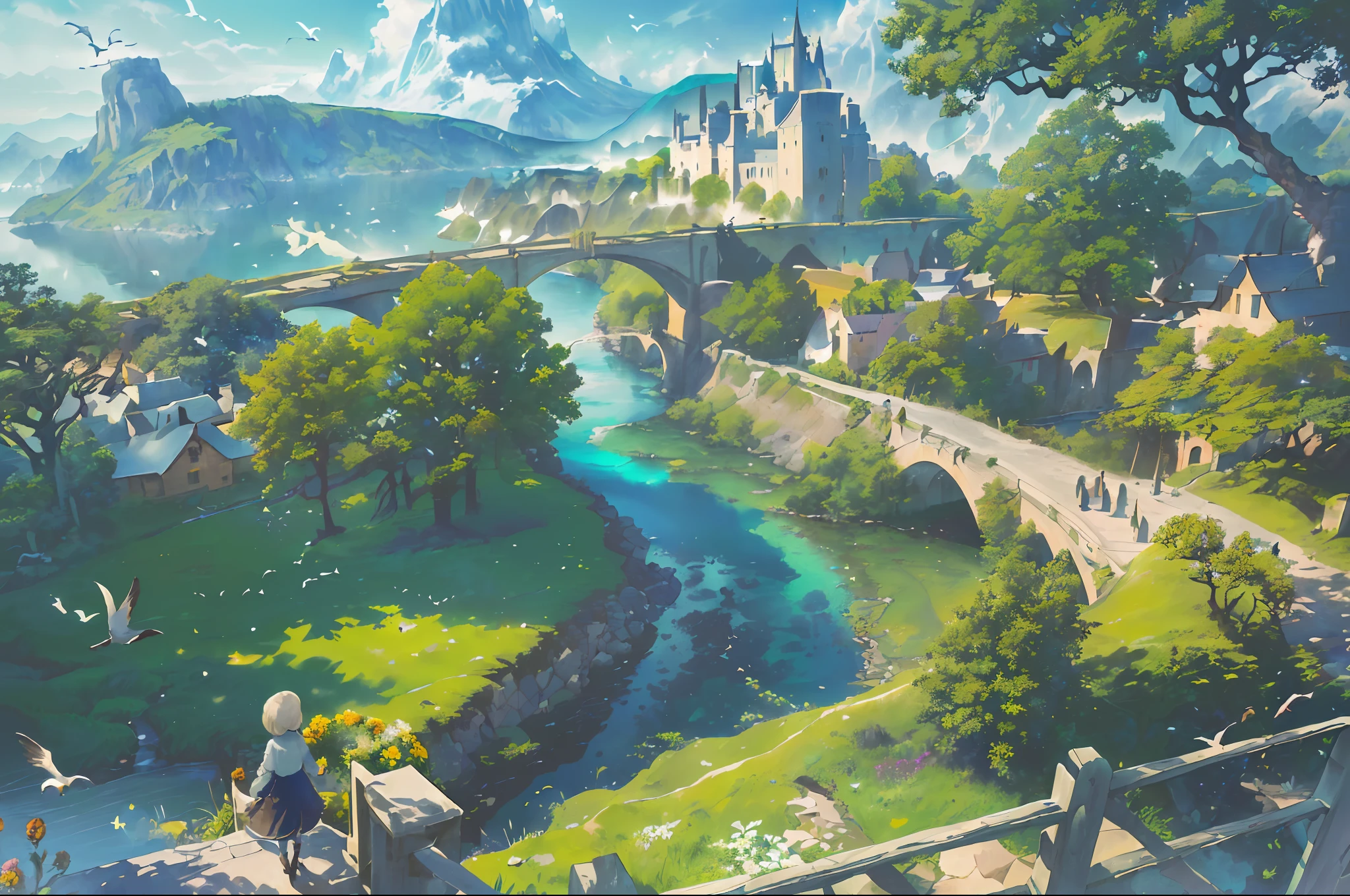 ((masterpiece,best quality,official art,unity 8k wallpaper, highres, (1girl:1.4),looking away,(breathtaking landscapes:1.2), natural wonders, serene vistas, outdoor exploration, (diverse ecosystems:1.2), scenic beauty, tree,castle,village,flowers,bridge,fence, (birds:1.2)