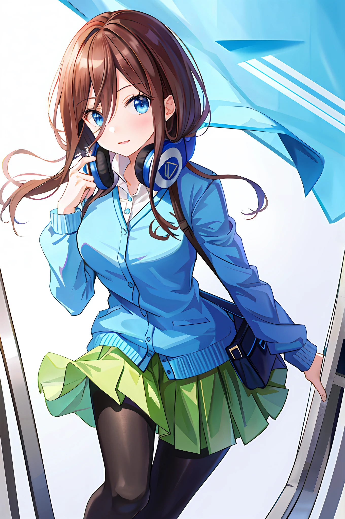 absurdres, best quality, 1girl, solo, eye focus, looking at viewer, Miku, Blue Cardigan, brown hair