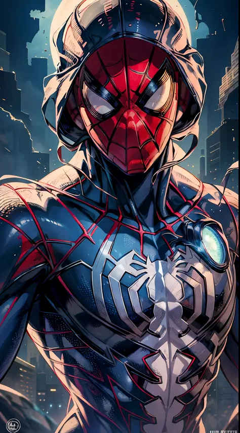 spider man, organic-looking outfit, gooey testura, symbiote, white eyes, fine art, cinematic scene, highly detailed detailed cin...