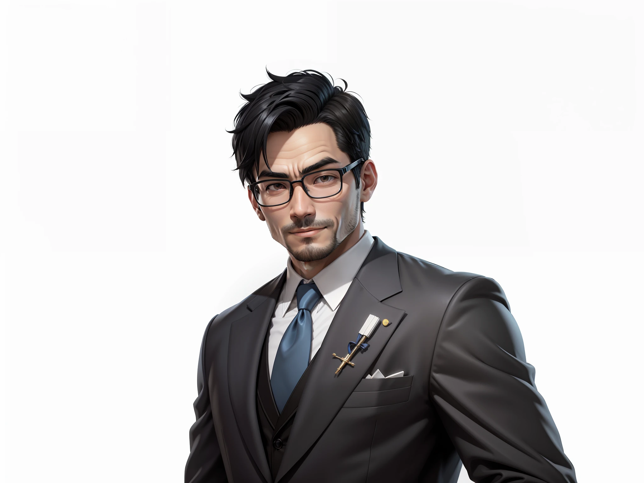 Super young, Japanese suit man, 35 years old, silver glasses, slightly chubby face, clean face, no beard on chin, black super short hair, black eyes, black suit, blue tie, confident smile, digital painting, film, 3D character design by Mark Claireden and Pixar and Hayao Miyazaki, the illustration is a high-definition illustration in 4K resolution with very detailed facial features and cartoon-style visuals.