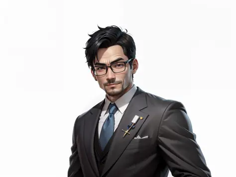 Super young, Japanese suit man, 35 years old, silver glasses, slightly chubby face, clean face, no beard on chin, black super sh...
