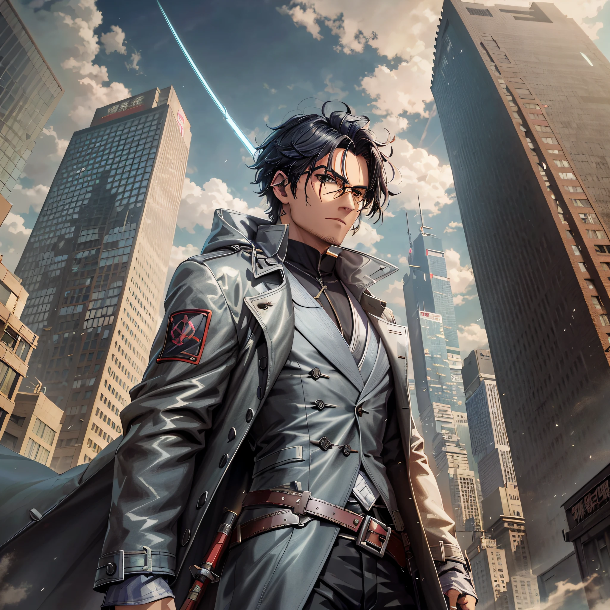 Personagem de anime em uma cidade com arranha-céus e um fundo do céu, arte estilizada de fantasia urbana, inquisidor de aço de nascido nas brumas, digital arte de anime cyberpunk, anime cyberpunk moderno, makoto shinkai ( lendas do ápice ), fantasia urbana centralizada, cyberpunk digital - arte de anime, Ross Tran e Bayard Wu, herói ciberpunk, Harry Potter em Cyberpunk, arte de anime cyberpunk