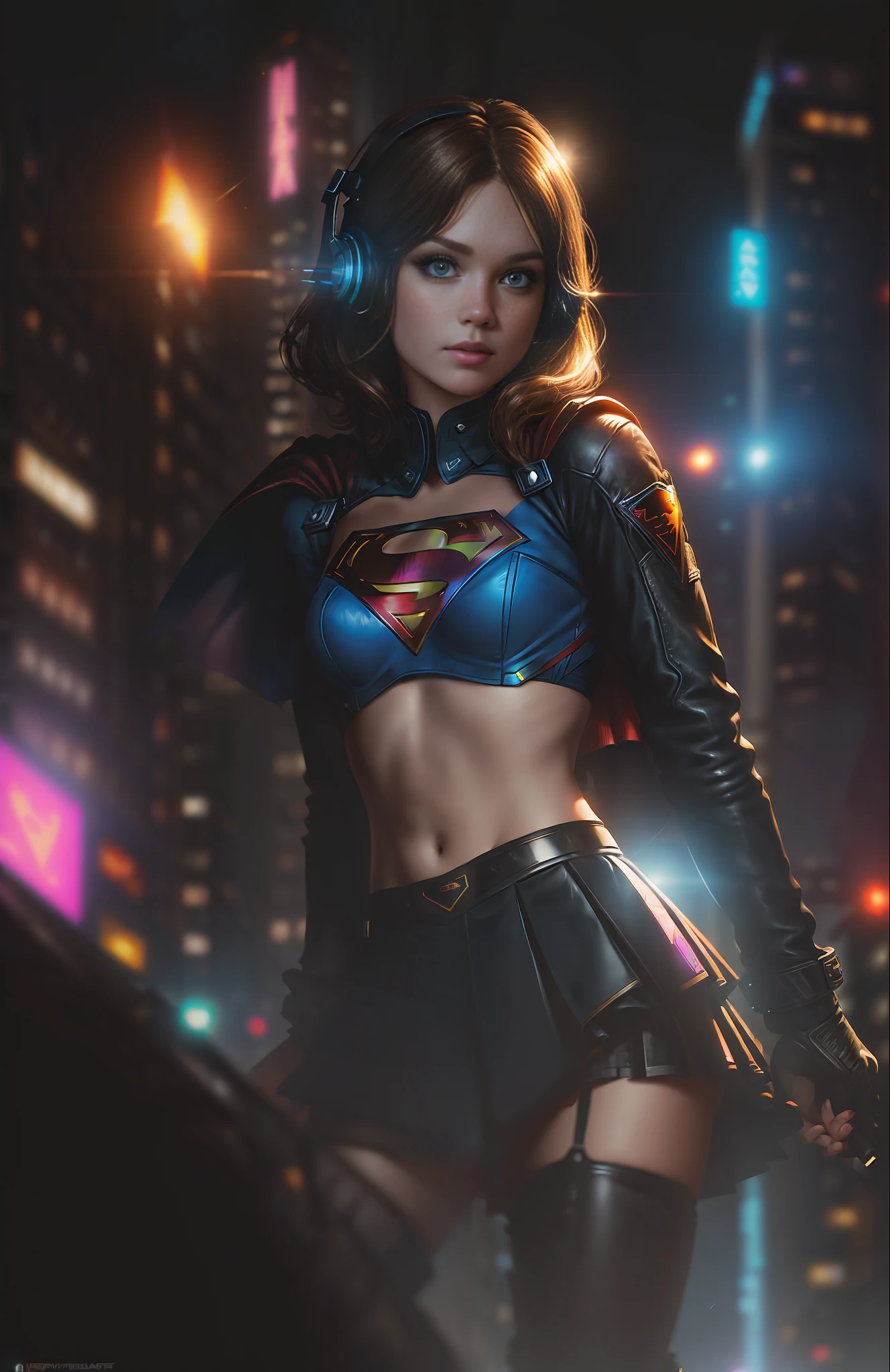 Best quality, realistic, brunette, award-winning Supergirl illustration, (complicated detail: 1.2), (fine detail), (complicated detail), (cinematic lights, best quality backlight), sharp lines, sharp focus, official art, unit 8k wallpaper, absurd, unbelievably absurd, huge file size, ultra- (in_main_street:1.21), (neon lamp), fantasy art, rtx,((triangle closeup photo by award-winning studio)),  1Supergirl, very pretty, (shut up), small breasts, ((Cyberpunk city Street, Battle Maiden)), perfect hands, beautiful detailed blue eyes, Perfect Face, short black hair (Cyberpunk blouse, leather jacket, Martin boots) ,,(headphones_around_hair),((pleated skirt) ), ((supermodel pose)),