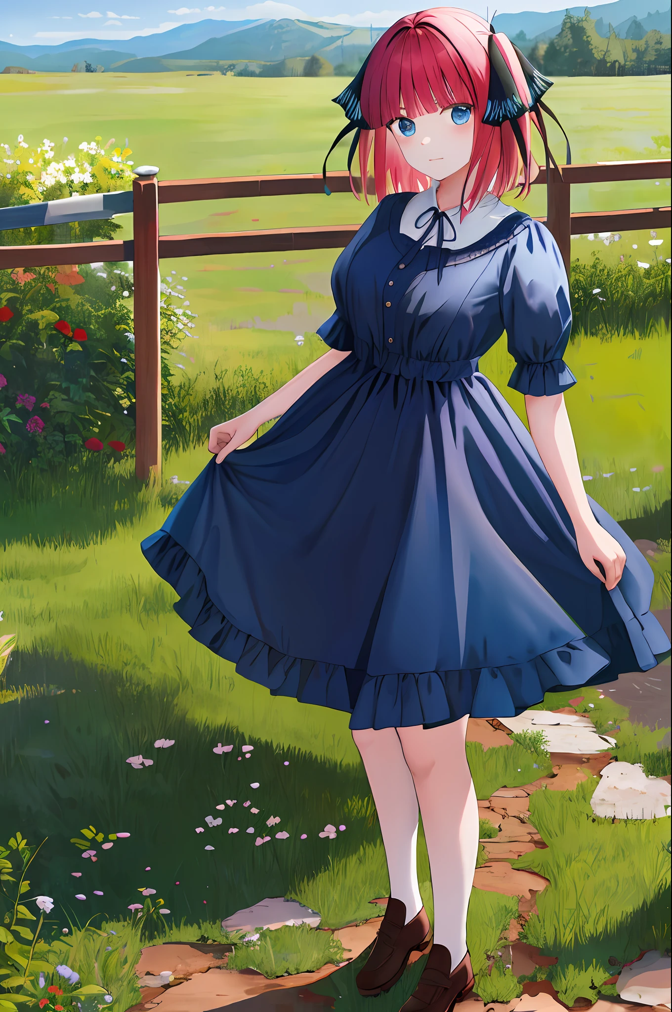 masterpiece, best quality, highres, nn1, 1girl, hair ribbon, short hair, dress, skirt, cowboy shot, standing, outdoors,