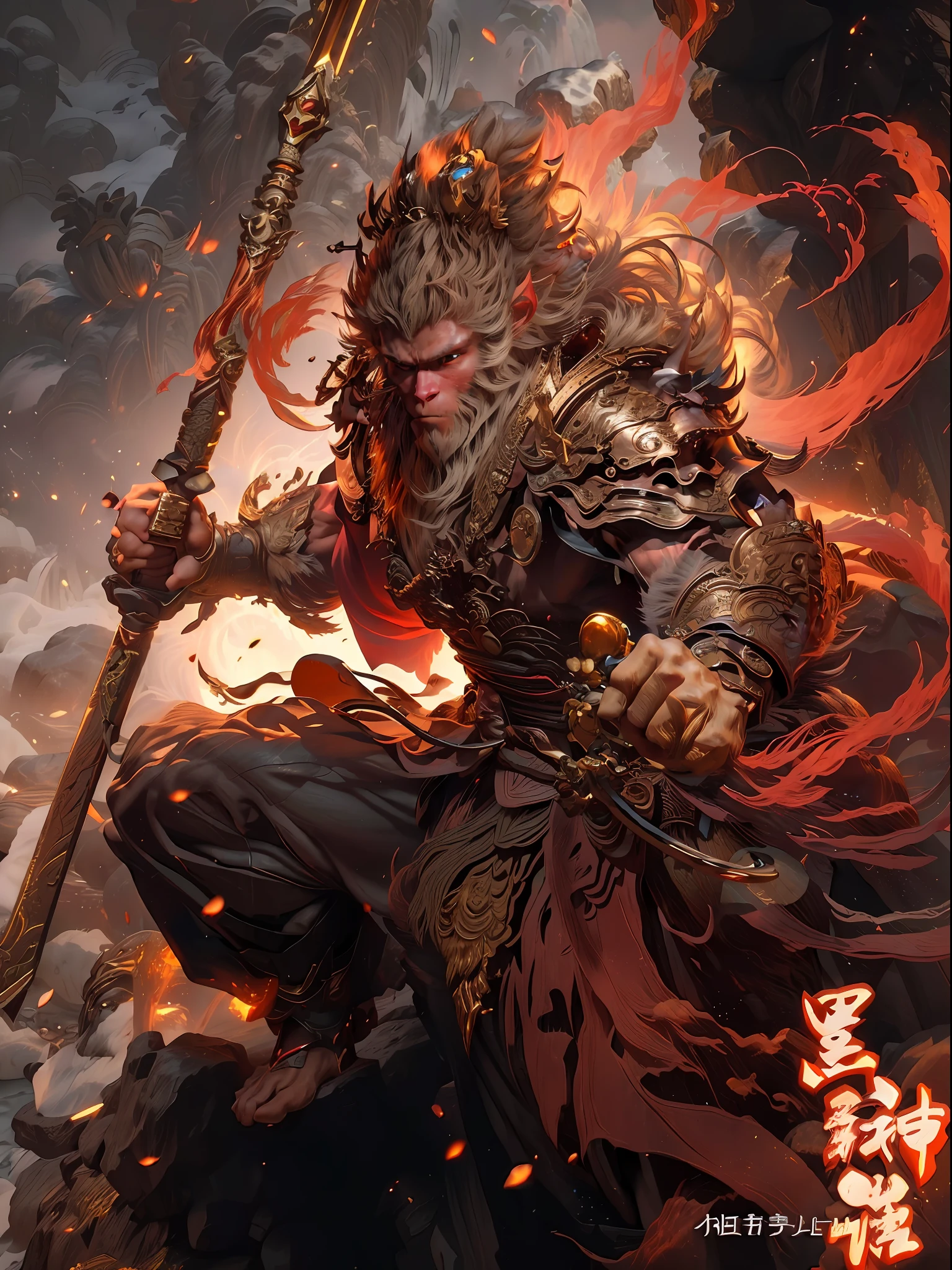 擬人化的雄性猴人，手裡拿著金色箍棒, Sun Wukong, Wukong, 鬥佛, 正常的手, 他腳下的火焰雲, 火眼金眼明亮勇敢, 非常漂亮的擬人猴, Guan Yu, 靈感來自黃申, 受到胡早斌的啟發, inspired 作者：Yang Jin, 傳說中手持長矛的神, 作者：Yang J, bian lian, Sun Wukong, 灵感来自李侃, Cheng Wei Pan on Artstation