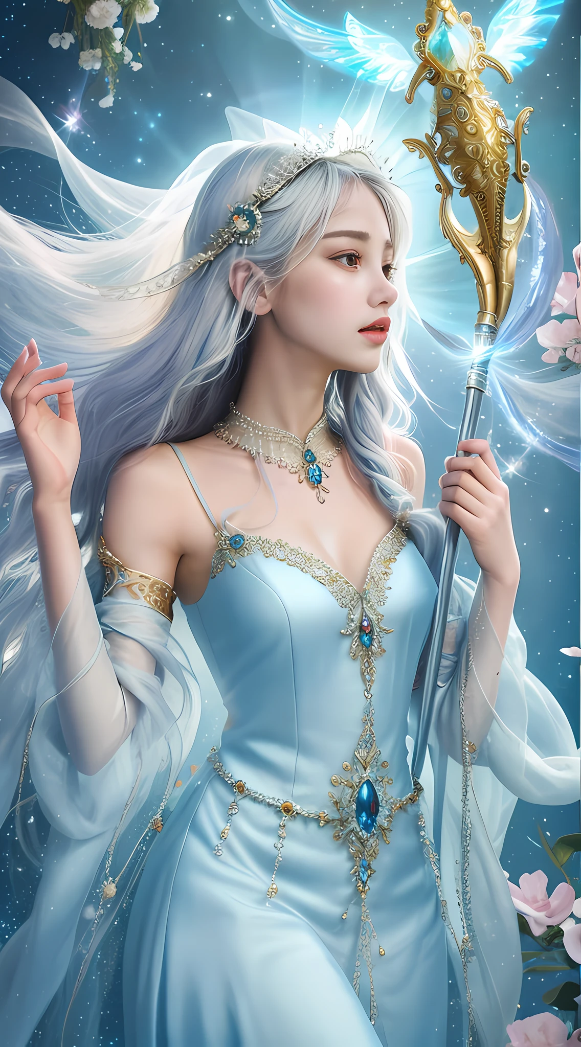 The highest quality, masterpiece, dreamy interstellar world, ethereal background, a silver-haired goddess holding a staff fluctuating the current, she wears a delicate and dreamy long dress, the headdress is exquisite and intricate, and her body is full of light, and two large fish with crystal clear bodies jump up to protect the goddess