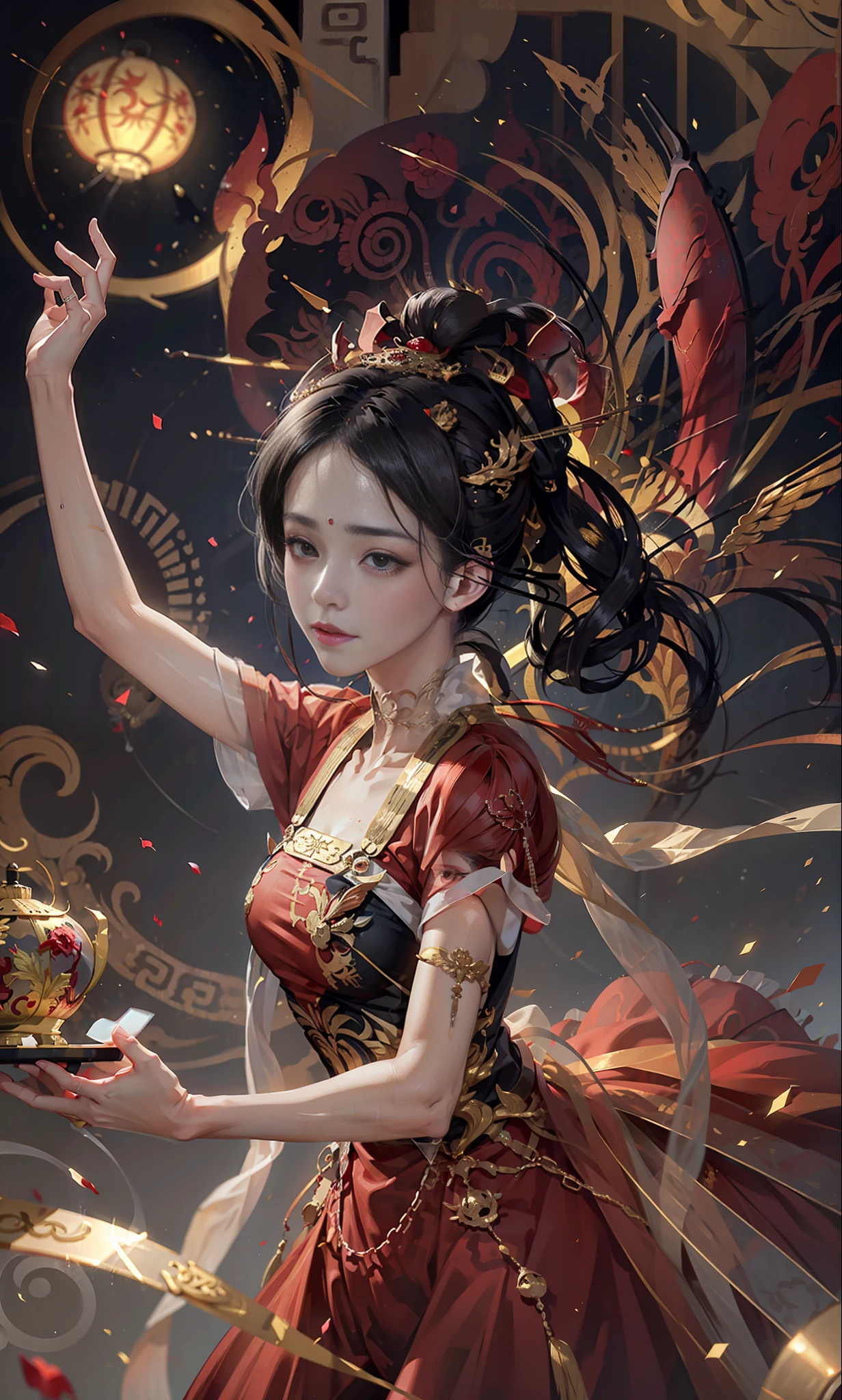 Best Quality, Masterpiece, Ultra Detail, Extreme Detail, 8k Wallpaper, Realistic Details, Movie Lighting, Dynamic Angle, World Mastery Theater, Best Quality, Extremely Delicate Beautiful Girl, Perfect Face, Delicate Facial Features, Perfect Hands, Delicate Eyelashes, Delicate Eyes, Ancient Chinese Hairstyle, Peking Opera, Horror, Spooky Atmosphere, Darkness, Red Lantern, Spirit Rune, Golden Ratio, Messy, Bust, Melancholy Expression, Small Laugh, Red Tears, Rose Petals, Red Candles, Side Look