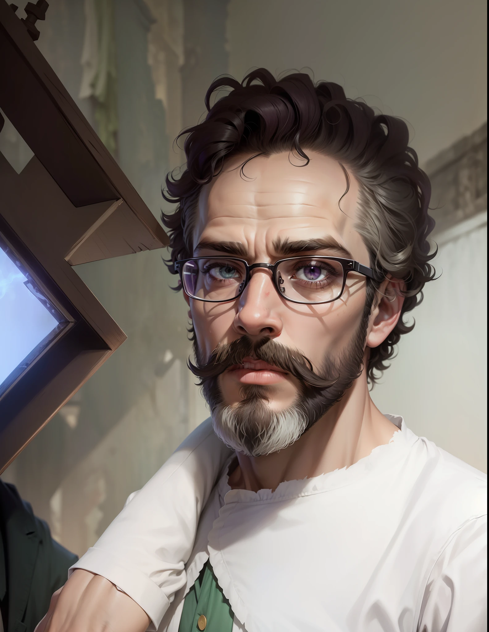 Serious man with a bit of beard and mustache, curly hair, looking forward, with glasses, with one shoulder behind his chin. Greenish skin texture, looking like zombie. Detail of torn clothing, details of funibride eye color, around the eye of Purple color. Background a cemetery, crosses, a dark scenery, super detailed 4k