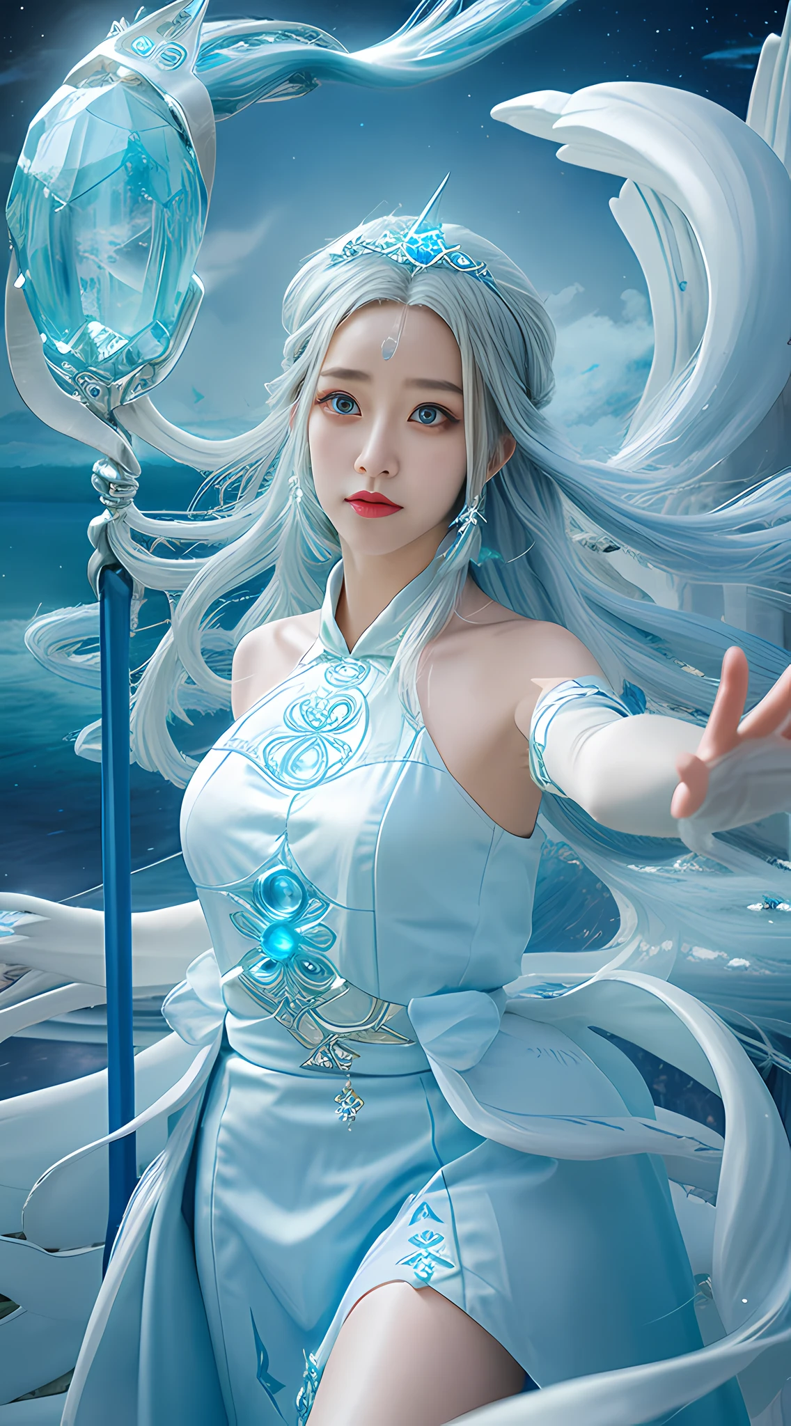 The highest quality, masterpiece, dreamy interstellar world, ethereal background, a silver-haired goddess holding a staff fluctuating the flow of water, she has large eyes of water spirit, wearing a delicate and dreamy long dress, the headdress is exquisite and intricate, and the whole body is radiating, two crystal clear sea whales jump up, guarding and watching the goddess