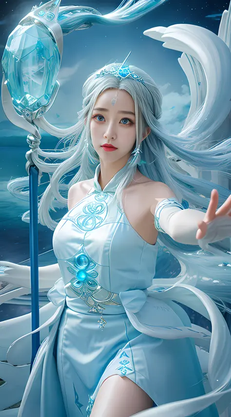 The highest quality, masterpiece, dreamy interstellar world, ethereal background, a silver-haired goddess holding a staff fluctu...