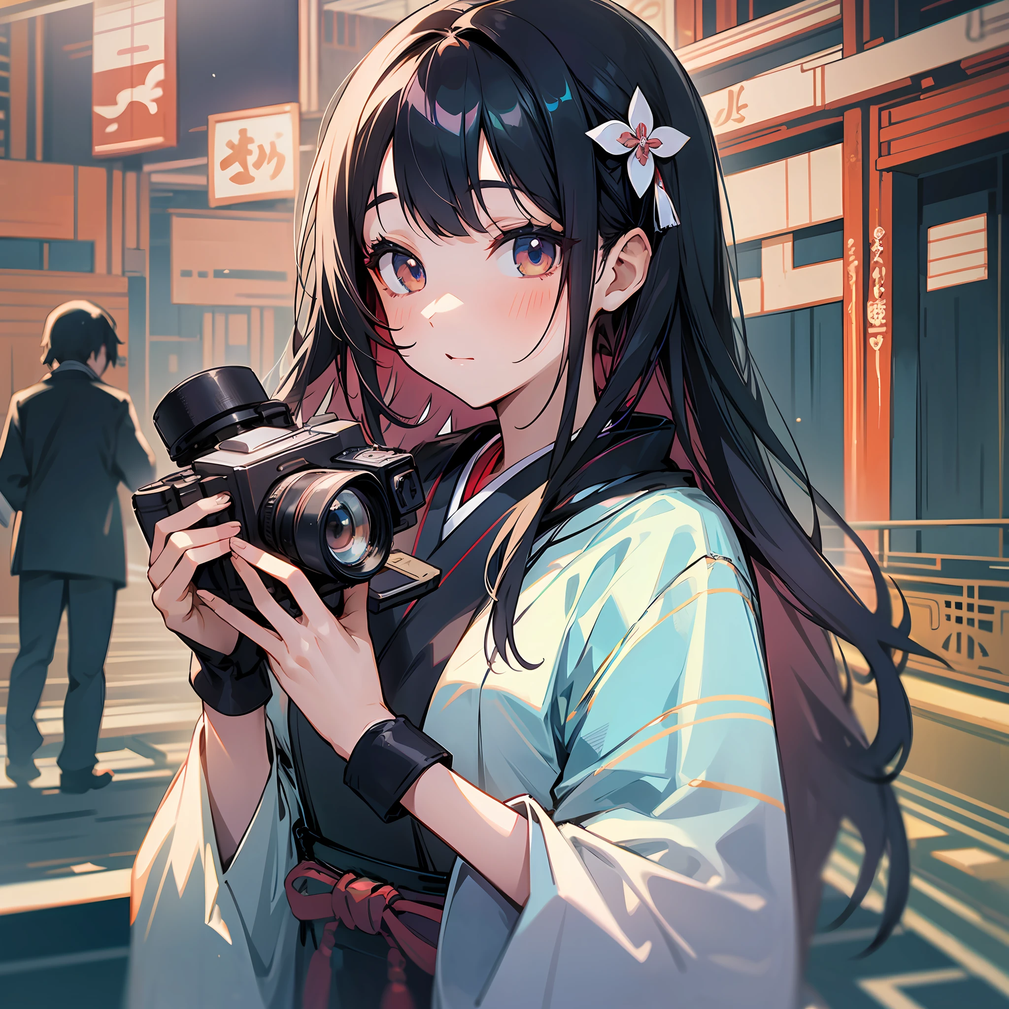 Anime girl holding a camera in front of a building - SeaArt AI