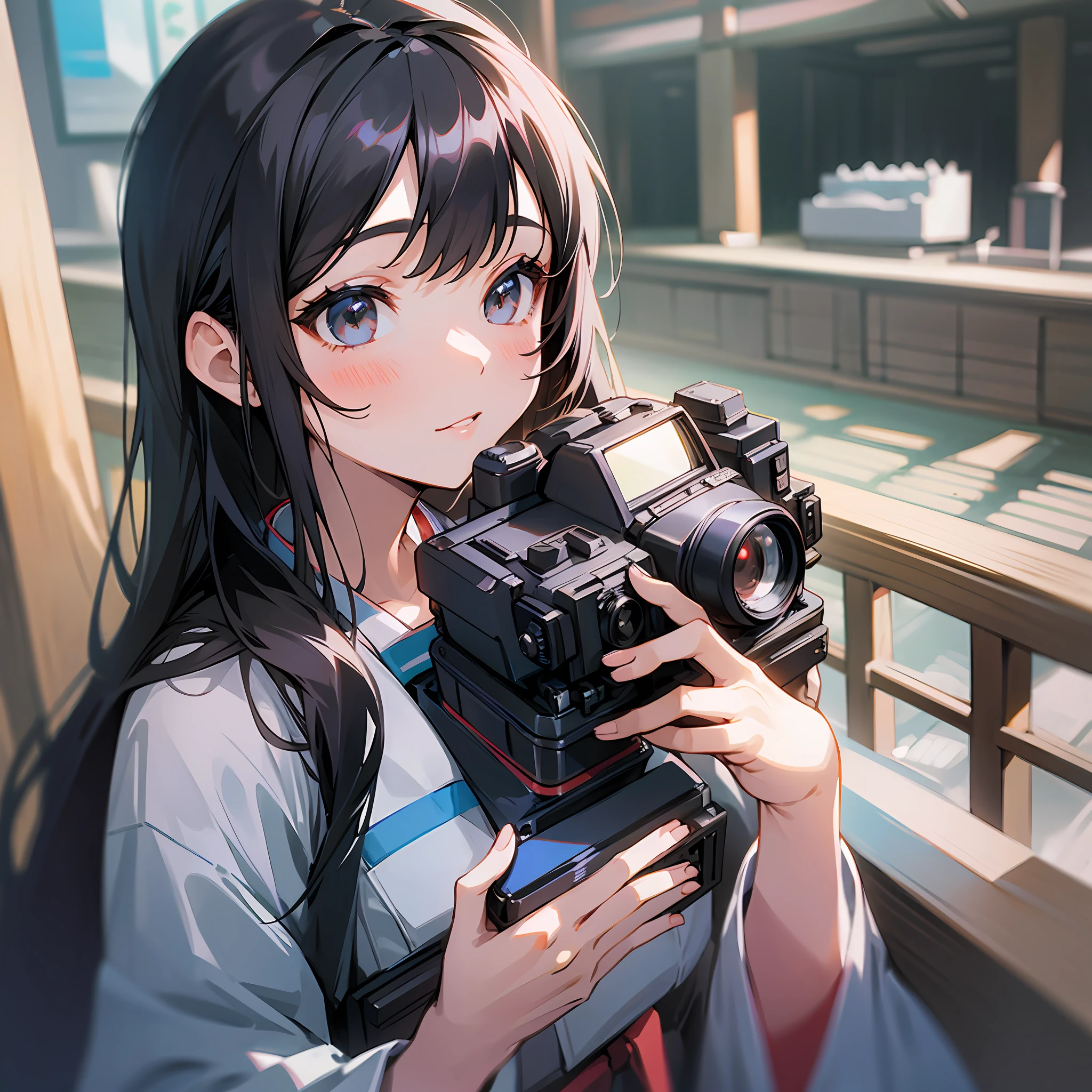 Anime girl holding a camera and looking at the camera - SeaArt AI