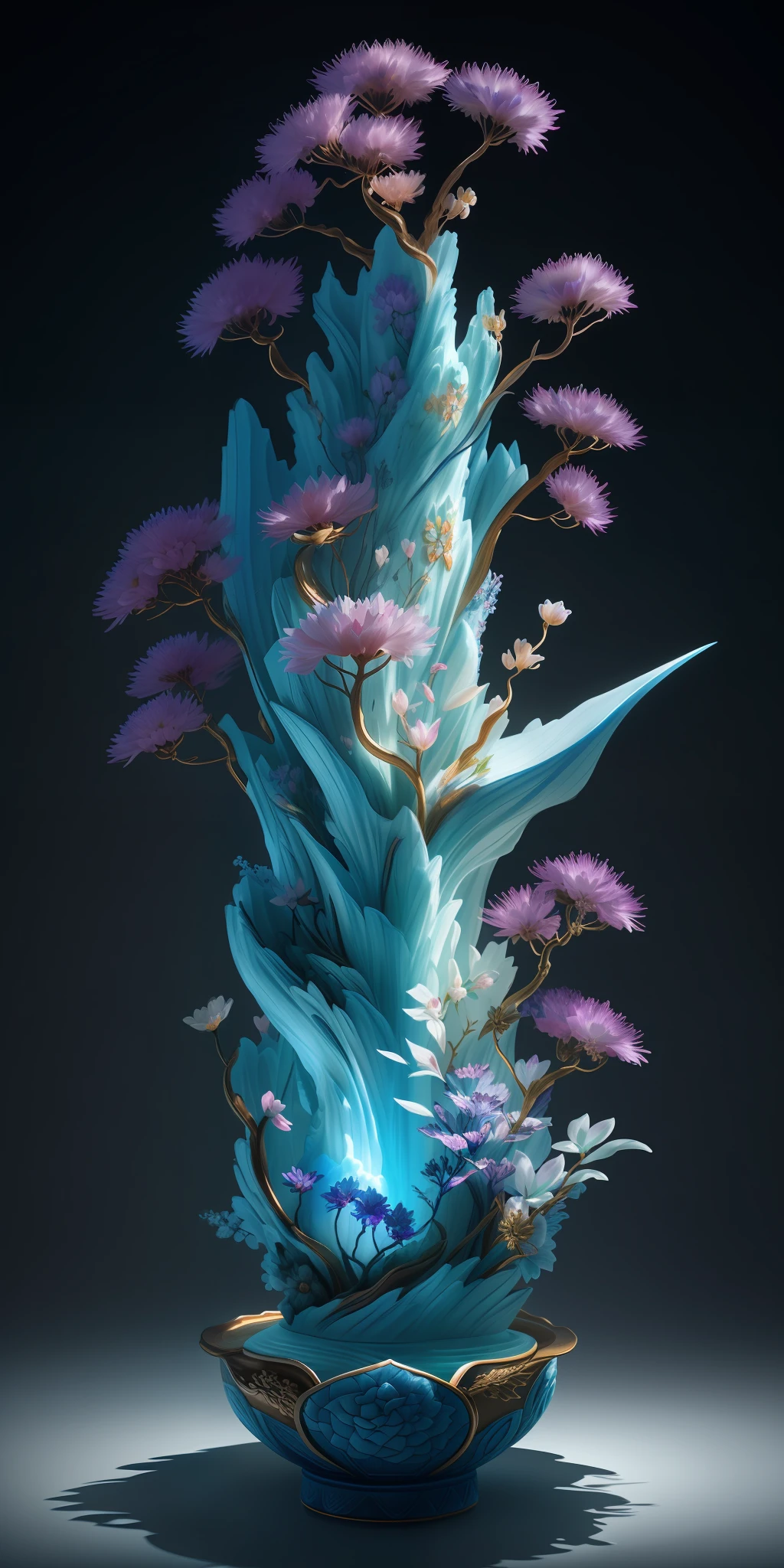 best quality, realistic, photorealistic,  ultra detailed, "Mountain of Flower and Fruit+Fairy+Chinese Architecture" highly detailed carving on "southern ice" porcelain,Ultra wide angle,Accent Lighting,Volumetric Lighting,backlighting, (detailed light),((an extremely delicate and beautiful)),dramatic_shadow,ray_tracing,hdr