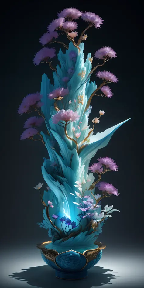 best quality, realistic, photorealistic,  ultra detailed, "Mountain of Flower and Fruit+Fairy+Chinese Architecture" highly detailed carving on "southern ice" porcelain,Ultra wide angle,Accent Lighting,Volumetric Lighting,backlighting, (detailed light),((an...