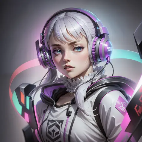 anime rgb for background on youtube very beautiful, ultra modern rendering, full rgb, silver hair, gamer headset.