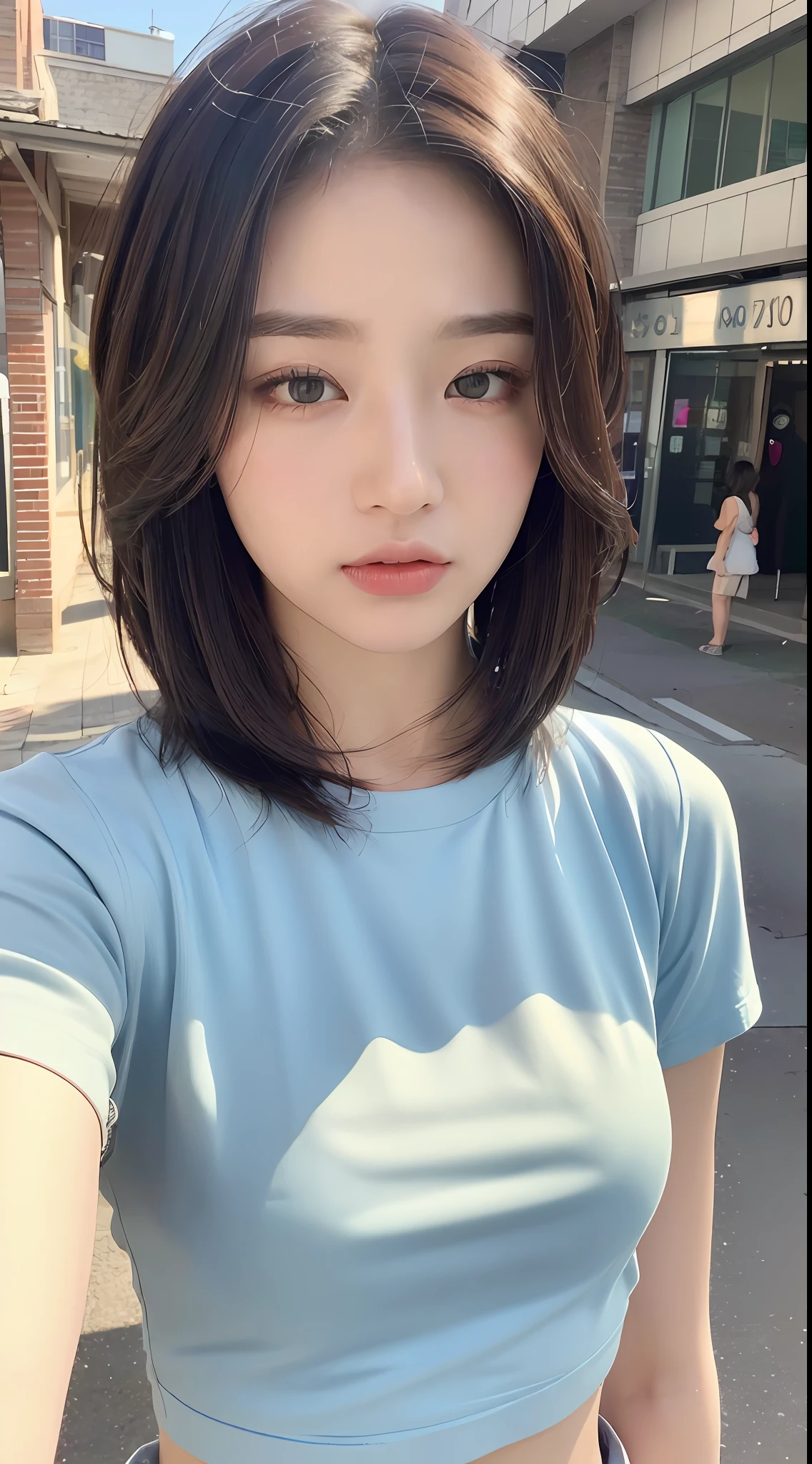 ((Best quality, 8k, Masterpiece :1.3)), Sharp focus:1.2, Perfect Body Beauty:1.4, Slim Abs:1.2, ((Layered hairstyle: 1.2)), (Shirt: 1.1), (Street: 1.2), Highly detailed face and skin texture, Fine eyes, Double eyelids