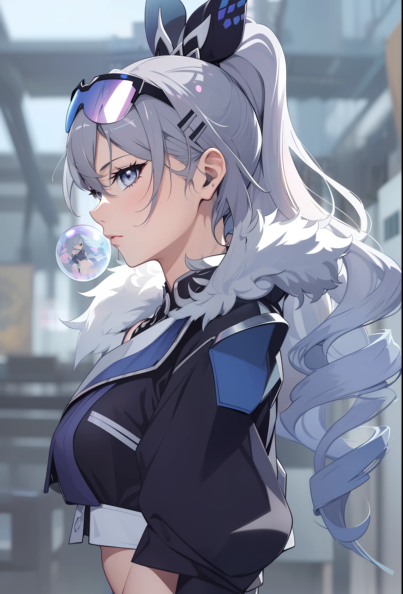 Silver Wolf, Honkai Star Rail, anime girl with gray eyes gray hair chewing gum and making a bubble, colorful lens reflections, glitter gif, light through glass, breathtaking rendering, extreme close-up, cg anime art, attractive anime girl, beautiful anime girl, kantai collection style, seductive beautiful anime woman, detailed digital anime art,  beautiful anime woman, beautiful anime girl, | Fine detail anime, (Anime Girl), best quality, masterpiece, ultra-detailed, beautiful, highres, original, absurd, ultra realistic 8K CG, perfect artwork, (((perfect female figure)), mature female, narrow waist, chinese deity looking at viewer, seductive posture, sexy pose, seductive, clean, beautiful face, pure face, skin, hyper realistic, ultra detailed, detailed eyes, lush body, dramatic lighting,  dynamic pose, (realistic) realistic, (masterpiece:1.3), (absurdists:1.3), (best quality:1.3), HD, FULL HD, bright lights, best quality, best quality, beautiful lighting, outdoor, (8k extremely detailed CG unit wallpaper), high details, sharp focus, dramatic and photorealistic midjourney painting art, photorealistic