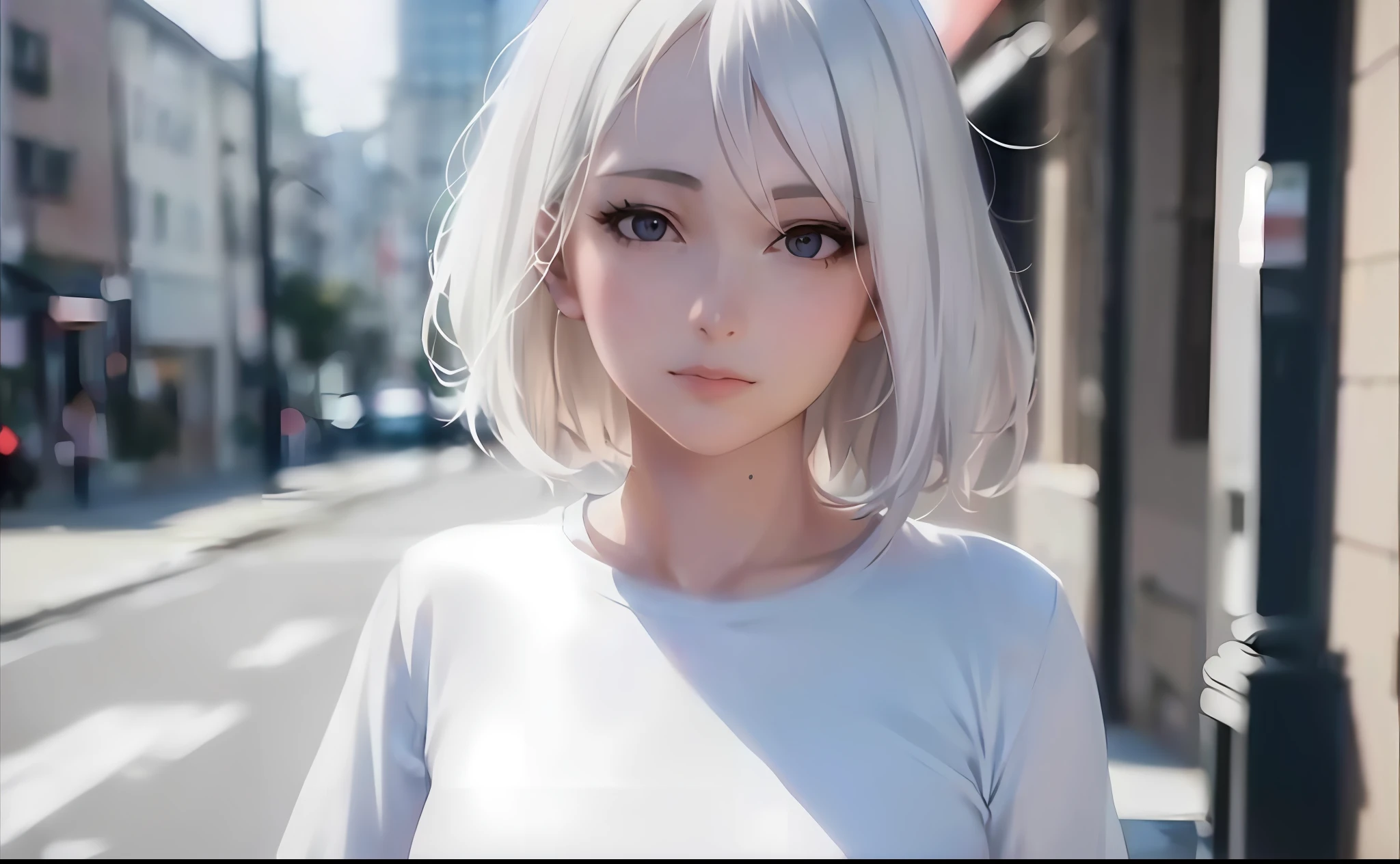 Nahaufnahme einer Frau in einem weißen Hemd auf einer Stadtstraße, Anime-Mädchen im wirklichen Leben, Hakuhime-Haarschnitt, ultra-realistischer Anime, Mädchen mit kurzen weißen Haaren, perfektes Mädchen mit weißen Haaren, Atemberaubendes Anime-Gesichtsporträt, Realität - Anime, realistischer Anime, dezenter Anime-Stil, realistischer Anime 3 D style, Anime-Inspiration, Weißes Haar Mädchen, wunderschöner Anime-Stil, umgeben von Blumen