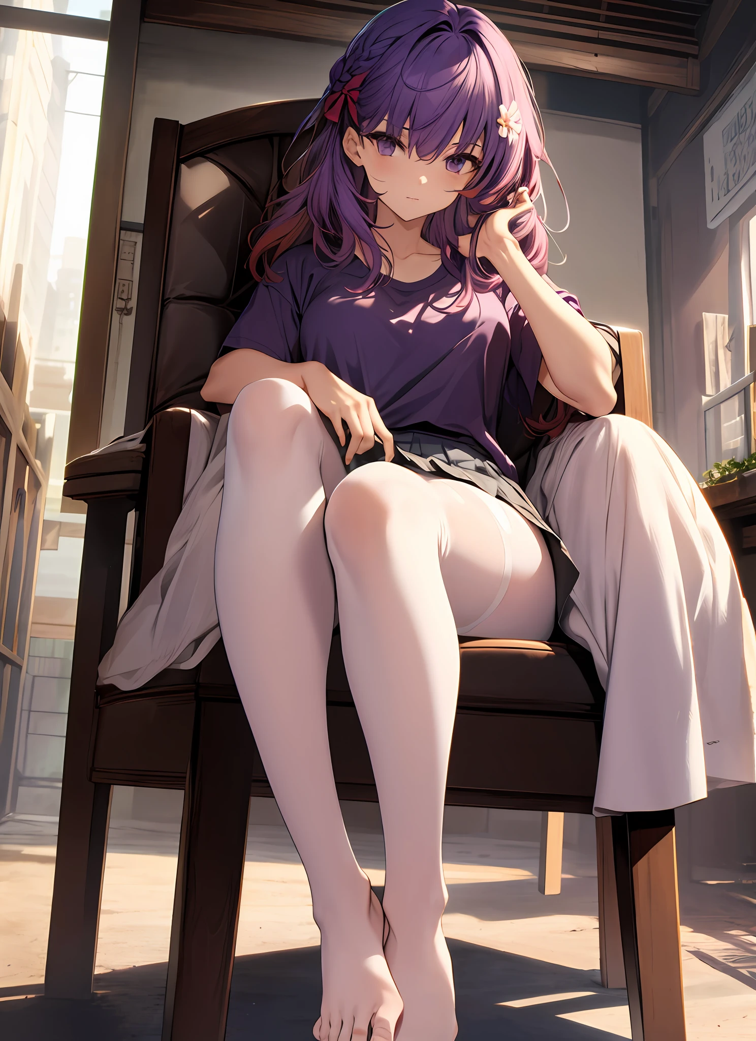{{Masterpiece}}, illustration, best quality, extremely detailed CG Unity 8k wallpaper, 1girl_solo, full_body, from_below, looking_at_viewer, looking_down,(without shoes: 1.3), garden, figure,Purple hair, braid bangs,Red hair band,(sexy and charming panties),close-up of feet, hair_ribbon, intense edge light, flower,cameltoe,T-shirt,Pleated skirt, White Pantyhose, chair,