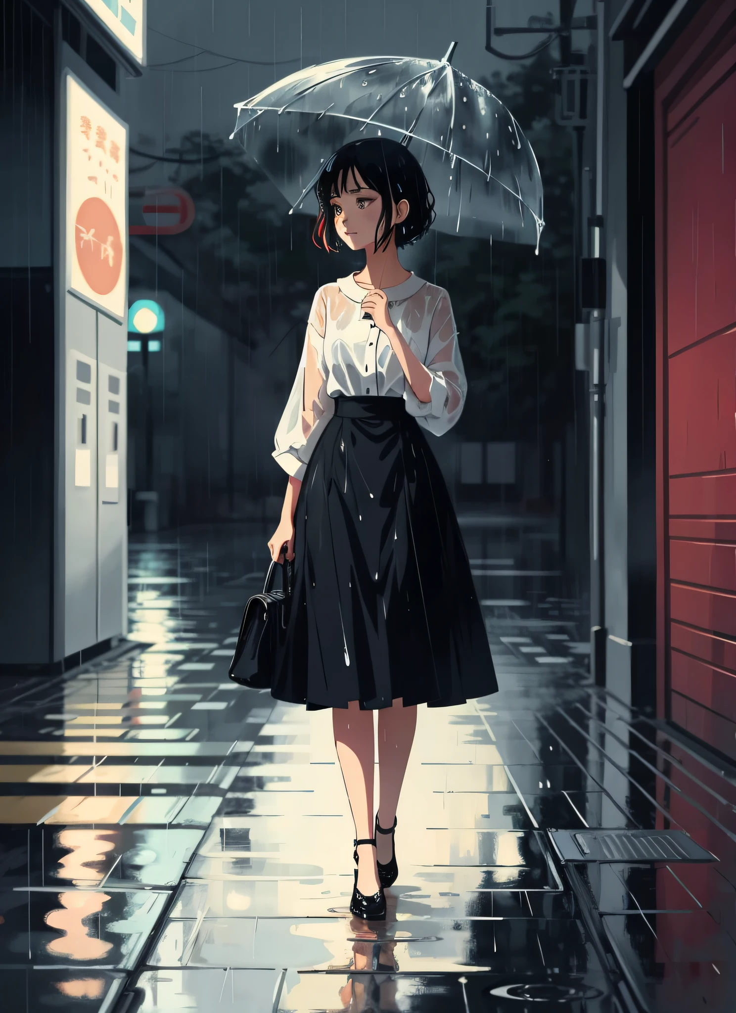 cute aesthetic illustration, flat anime, stylized digital art, (elegant woman standing in the rain, focused, wet), colorful style