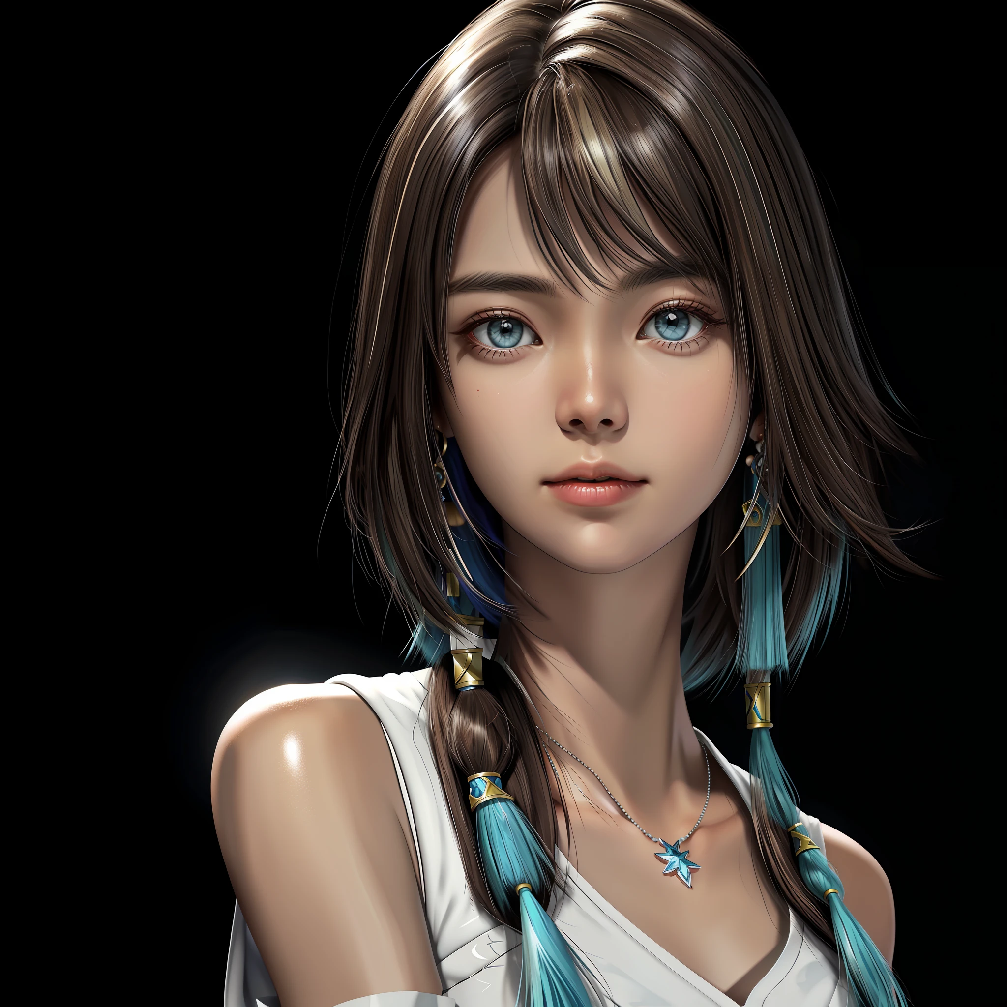1 Girl, Yuna (FFX), Green Left Eye, Blue Right Eye, Odd Eye, Blue Long Tassel Earrings, Highlights in Pupils, Background Shine, Clear Double Eyelids, Big Eyes, Big, Gloss on Face, Gloss on Skin, Gloss on Chest, Deep Cleavage, Photorealistic, High Quality, High Definition, 8K Quality, Cute Woman, Beautiful Woman, Dark Brown Hair, White Background, Empty Background, No Lights