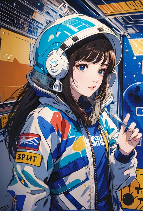 Masterpiece, top quality, girl is in space, mysterious, wearing a spacesuit