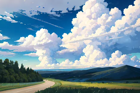 blue sky  bush  cloud  cumulonimbus cloud  day  grass  mountain  no humans  road  road sign  rural  scenery  sign  sky summer  sun  tree