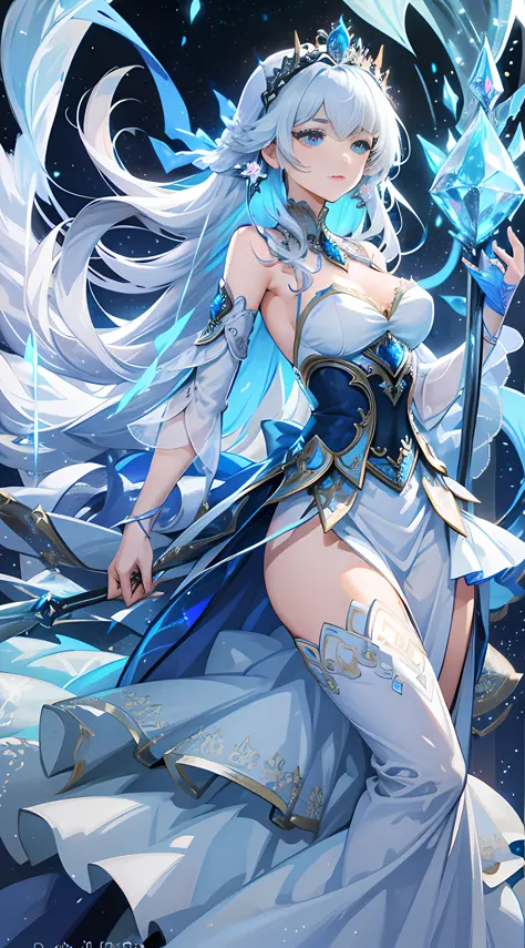 Highest quality, masterpiece, dreamy world of ice and water, ethereal backdrop, a silver-haired princess holding a staff fluctuating the current, she wears a delicate and dreamy long dress, the headdress is intricate and intricate, and her whole body is ra...
