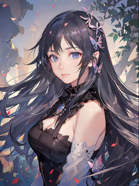 a beautiful female, hold a wind element ball, butterflies, wind dragon shows up in shadow, lake wink, gradient hair, black hair,...