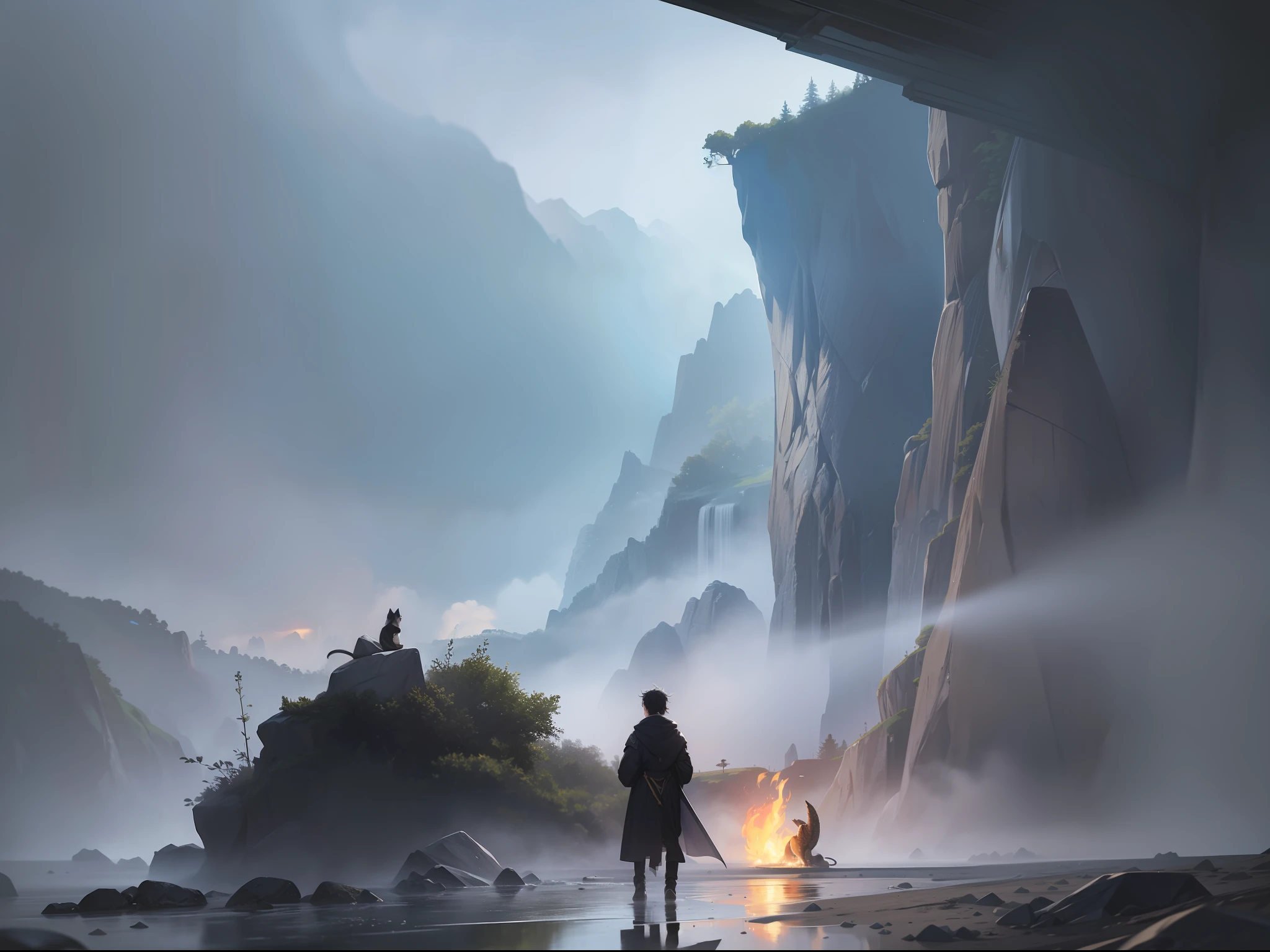 a young male and a small tiger pet, walk into the foggy area, mountain and rocks, a dragon flying and looking at the teenager, lighting and rain, black hair, white hair, long hair, ray tracing, reflection light, close-up, Wide-Angle, panorama, masterpiece, high quality, best quality, high details, ccurate, super detail, anatomically correct, highres, UHD, HD