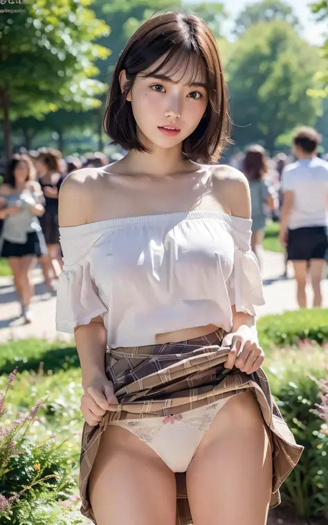 extremely detailed CG unity 8k wallpaper, best quality, ultra-detailed, masterpiece, realistic, photo realistic, extremely detailed cute girl, 20years old, (skirt lift), ((skirt lift by myself)), white panties , panties focus, blush, parted lips, looking at viewer  , half body shot , wearing off-shoulder shirt  , (crowd), (crowded park) , short hair