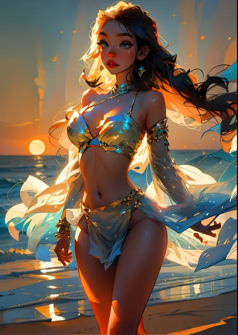 stunning beauty girl standing on the beach, the soft sand beneath her feet, the sparkling waves gently lapping at her ankles. Her long golden hair dances in the breeze, radiant face with a natural glow, The sun sets behind her, casting a warm orange hue ac...