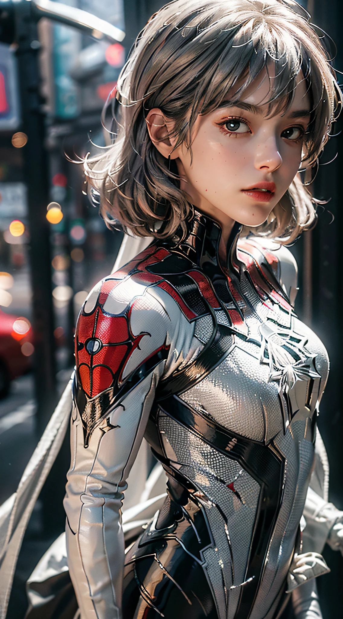 (Extreme Detail CG Unity 8K wallpaper, masterpiece, highest quality), (exquisite lighting and shadow, highly dramatic picture, cinematic lens effect), a girl in a white Spider-Man costume, silver gray hair color, from the Spider-Man parallel universe, Wenger, Marvel, Spider-Man, on the roof, dynamic pose), (excellent detail, outstanding lighting, wide angle), (excellent rendering, enough to stand out in its class), focus on white Spider-Man costume, red complex spider texture,