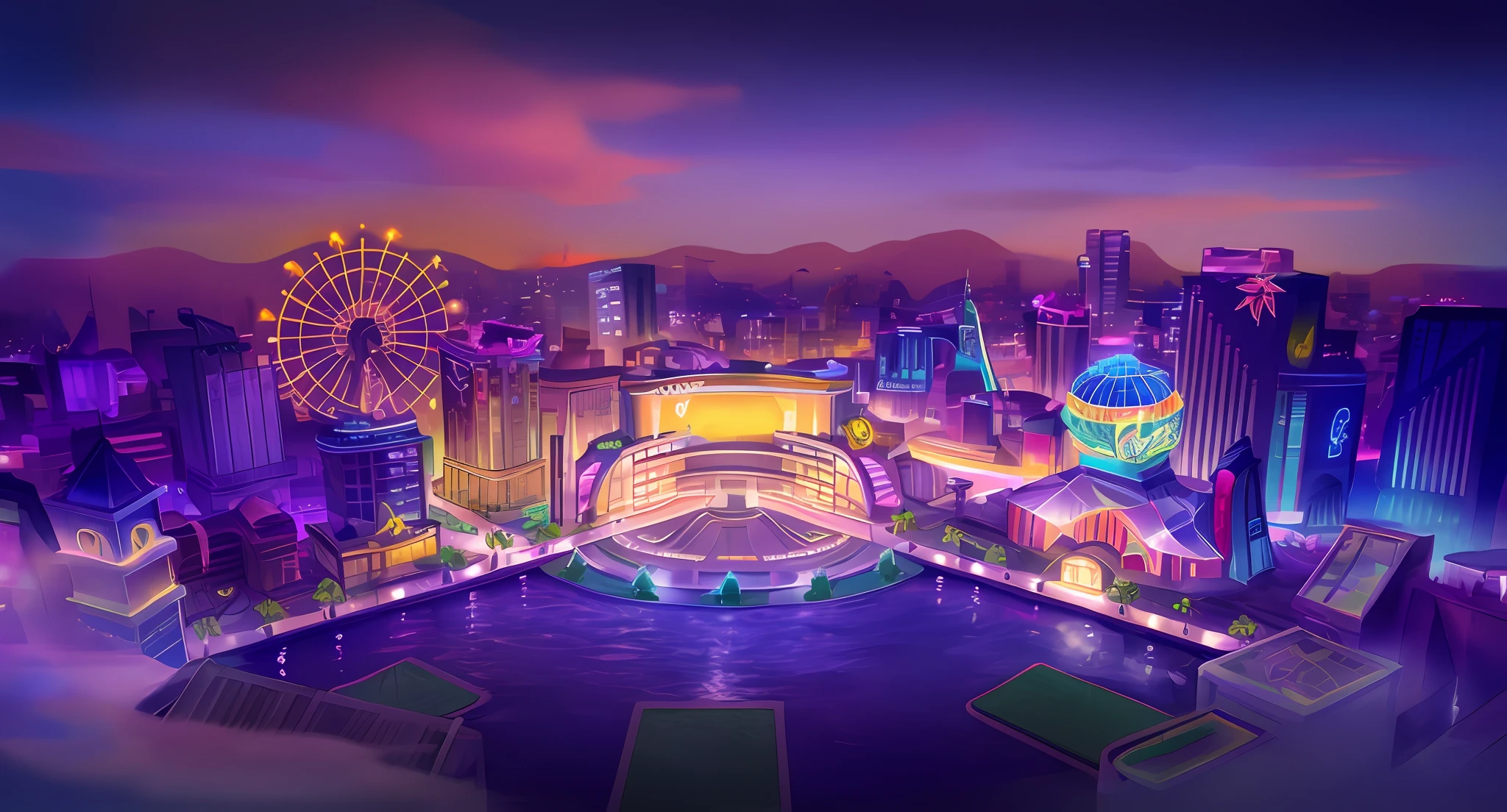 A rendering of a city with a ferris wheel and a ferris wheel - SeaArt AI