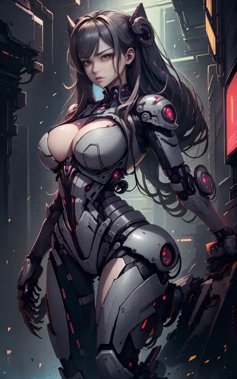 Woman body, defined thick thighs, cybernetic body parts,bionic arm, mechanical arm, mecha arm, android, mechanical armour, (tifa lockhart), long straight black hair, (red eyes:1.3), (exo suit:1.4) long black hair, red eyes, huge breasts