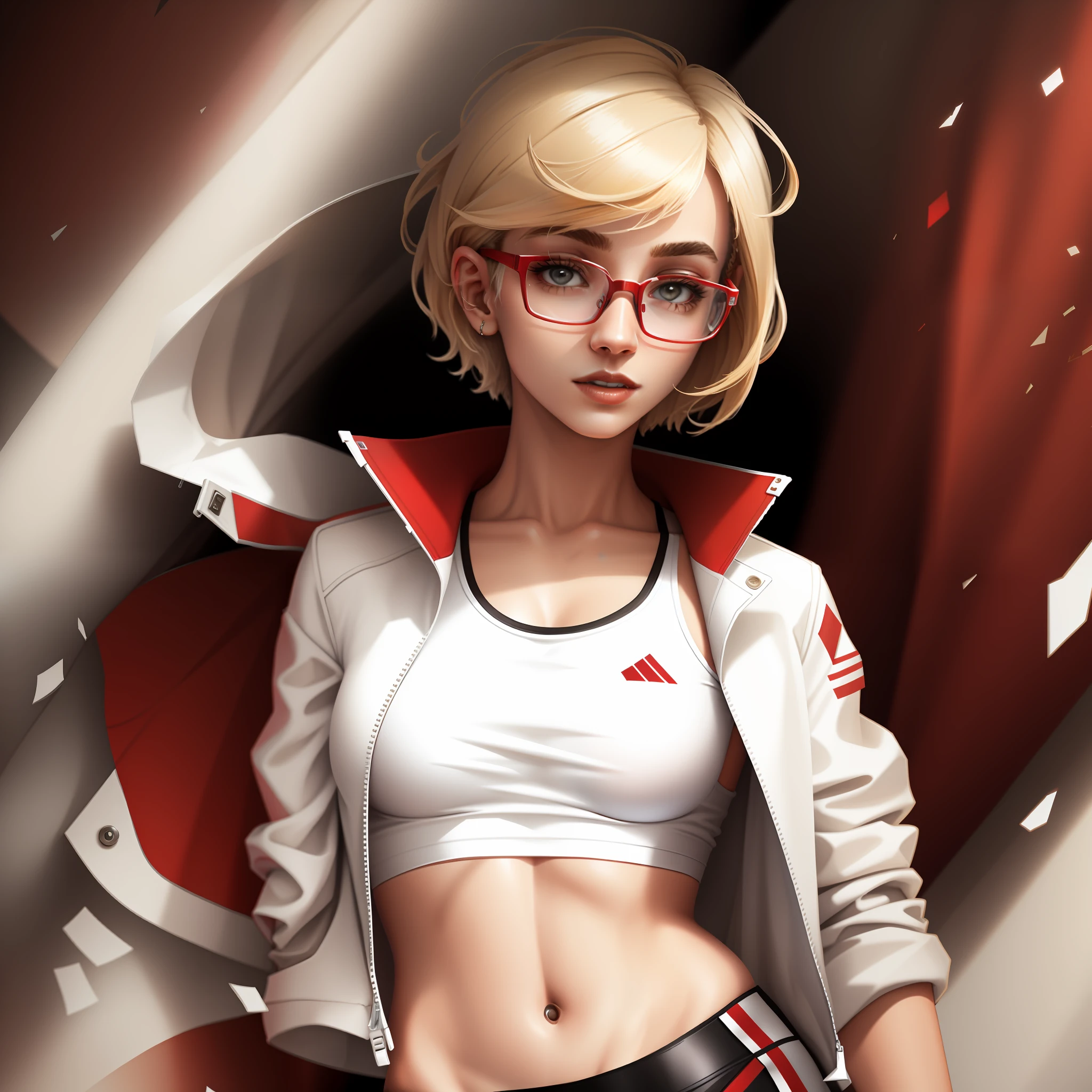 Young blonde girl with red glasses and white top posing for a photo, she has short hair with a bangs on the right side, brown eyes, black leggings, white jacket with red details, athletic physique, belly to sample, cracked tank, young, beautiful, small breasts, smart and confident