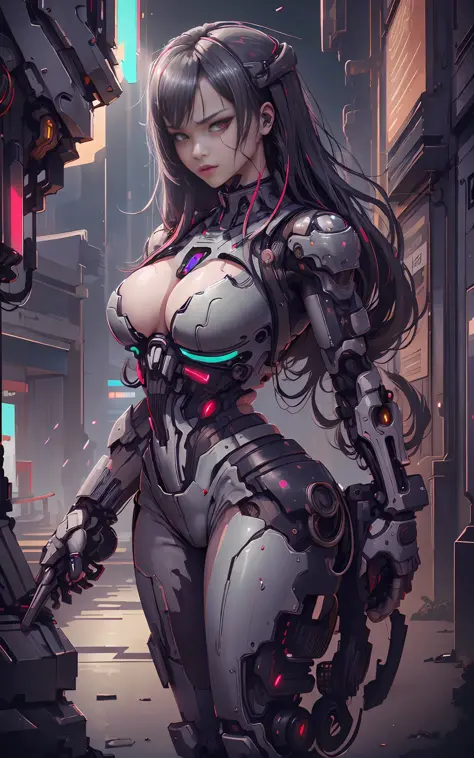 Woman body, defined thick thighs, cybernetic body parts,bionic arm, mechanical arm, mecha arm, android, mechanical armour, (tifa lockhart), long straight black hair, (red eyes:1.3), (exo suit:1.4) long black hair, red eyes, huge breasts, neon lights in bac...
