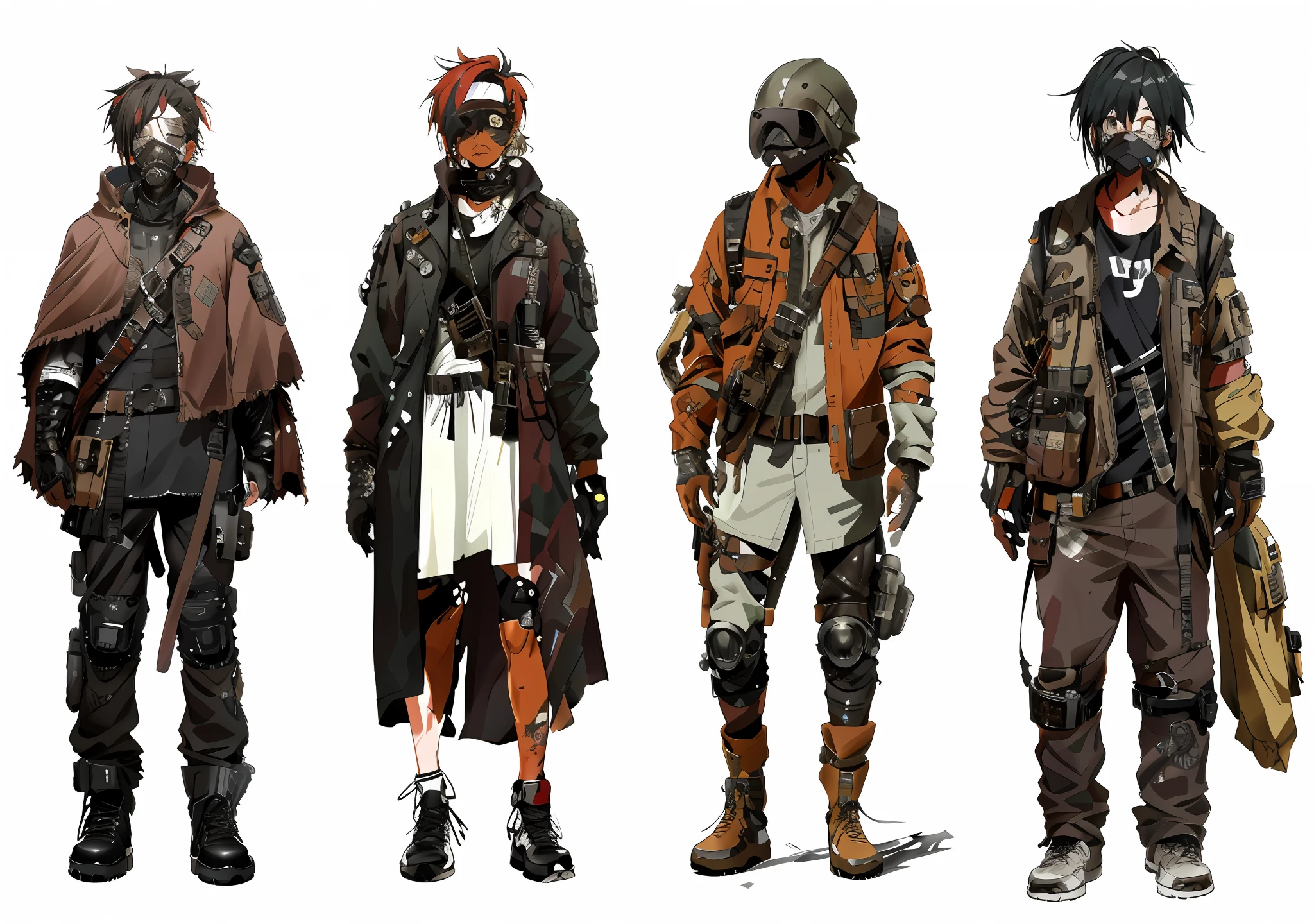 Image of a group of people in different costumes, wasteland punk costumes, post-apocalyptic style, post-apocalyptic costumes, post-apocalyptic style, 8 k character concept art, 8 post-apocalyptic vibes, concept art style, amazing 8k character concept art, post-apocalyptic fashion, tattered fashion, functional style fashion, eyes