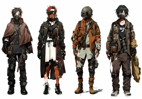 Image of a group of people in different costumes, wasteland punk costumes, post-apocalyptic style, post-apocalyptic costumes, po...