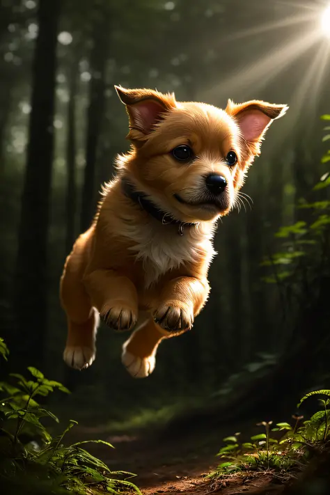 close up photo of a very cute jumping puppy in the forest, look at a camera, soft volumetric lights, (backlit:1.3), (cinematic:1.2), intricate details, (ArtStation:1.3), Rutkowski